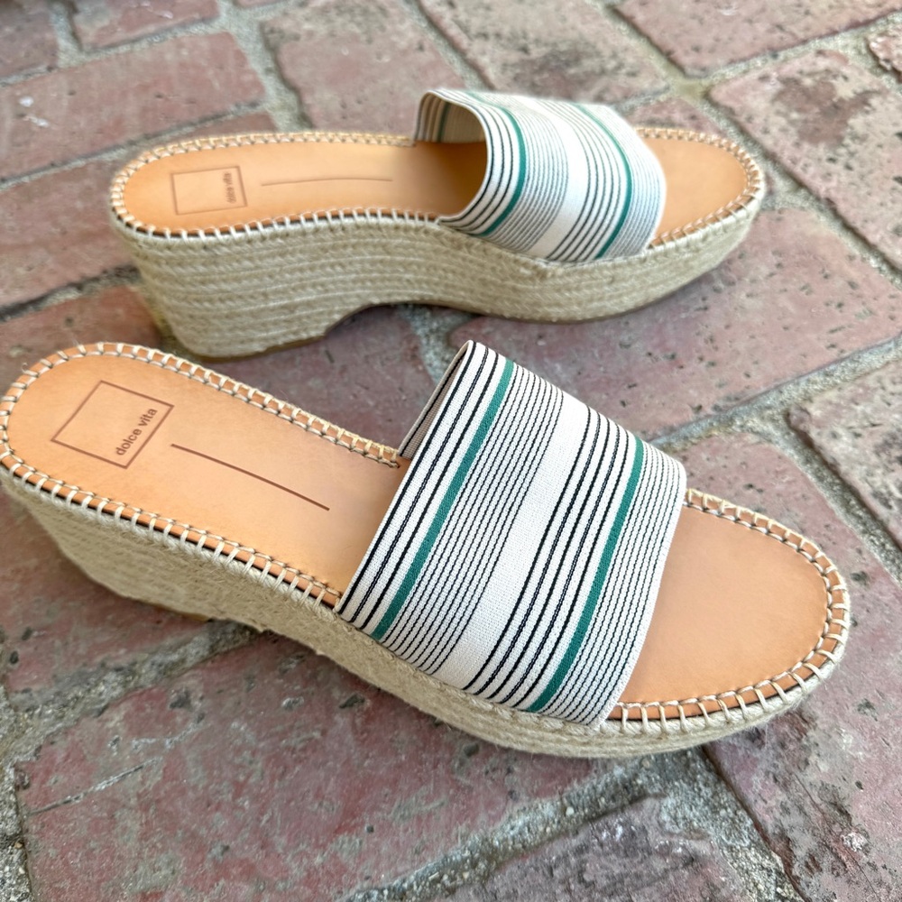 Dolce VITA platform espadrilles wedge heels chunky slides white striped 13 navy